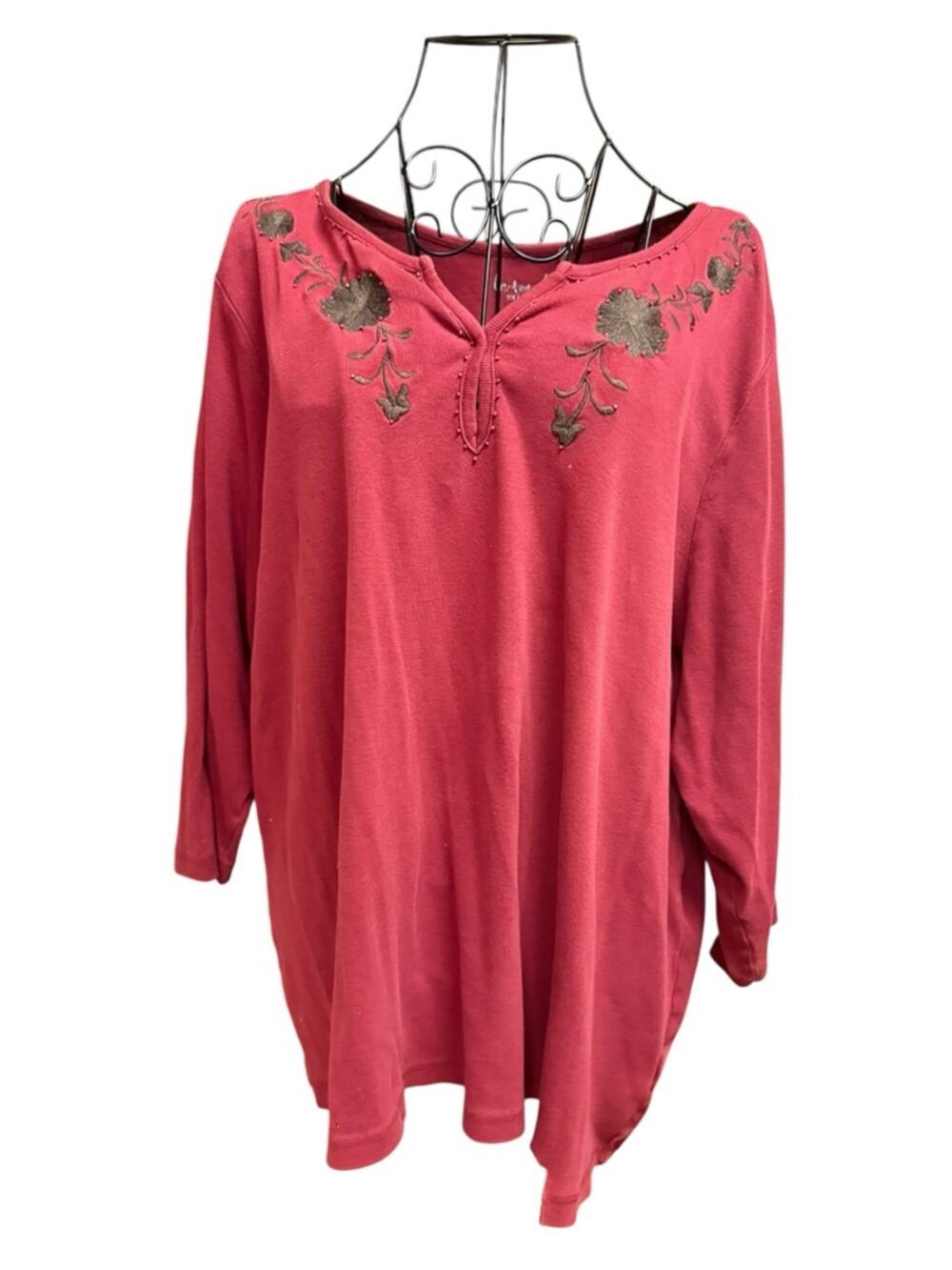 LaTeeDa Embroidered Rose Pink Long-Sleeve Women's Top 3X